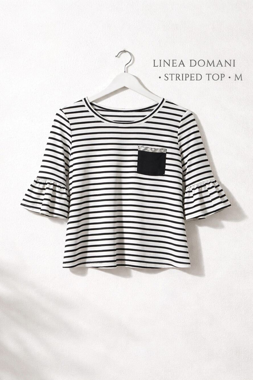 Linea Domani Striped Top Medium Black White Ruffle Sleeve Stretch Knit Shirt